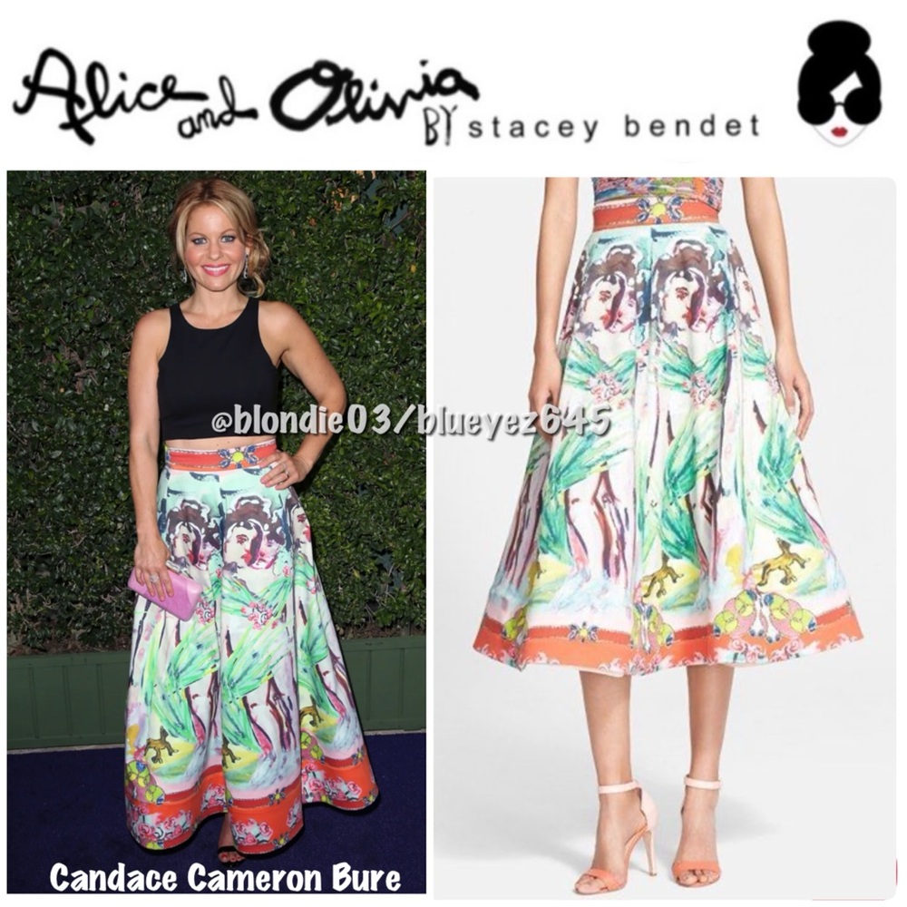 Alice + Olivia “Merritt” Lola Lady print pleated midi flare skirt 8 NWT